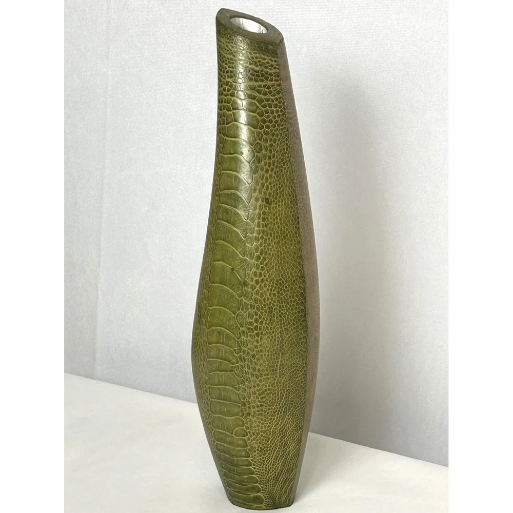 R & Y Augousti Paris Exotic Reptile Embossed Leather Texture Green Curved Vase